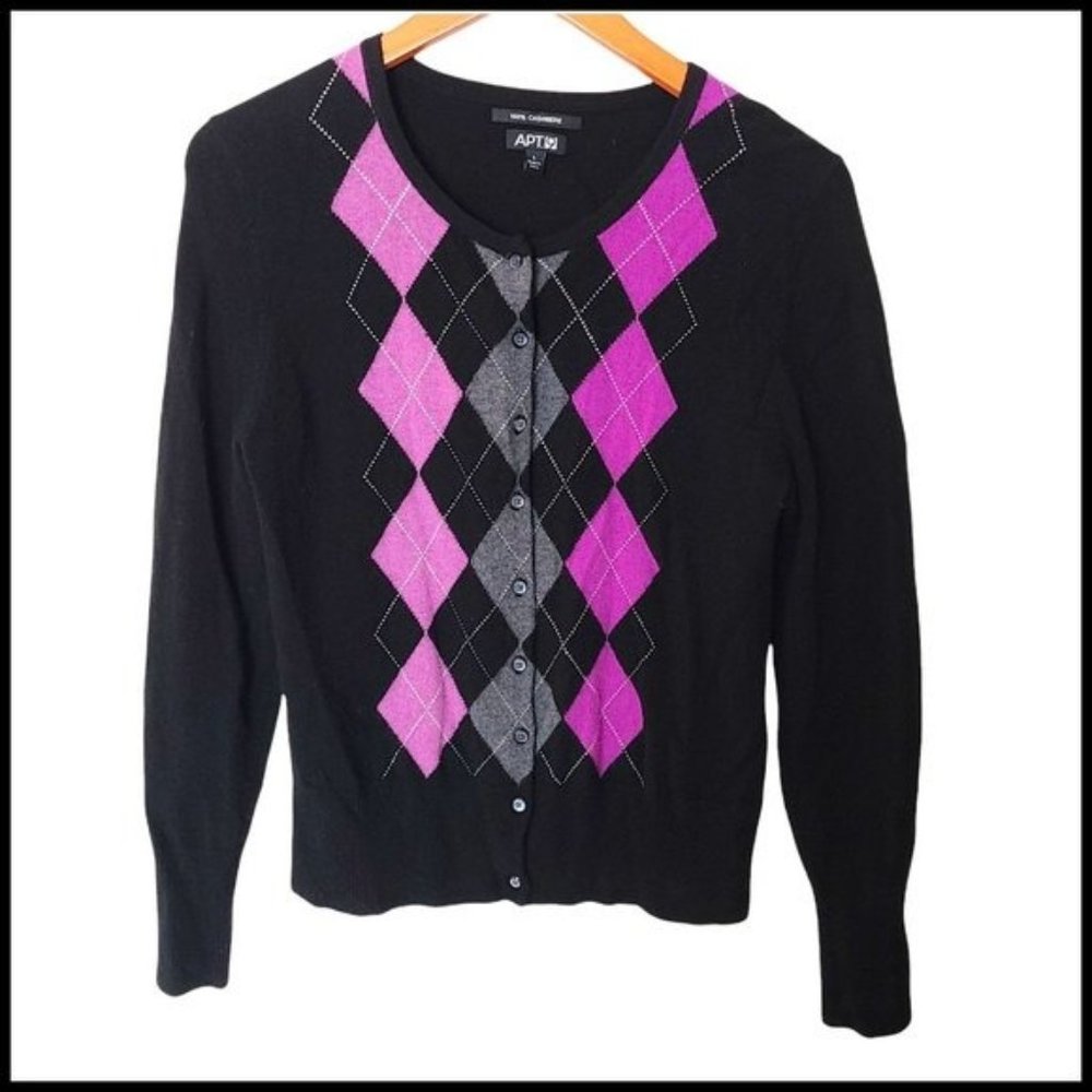 Apt. 9 100% Cashmere Argyle‎ Purple Back Cardigan Sweater L Large